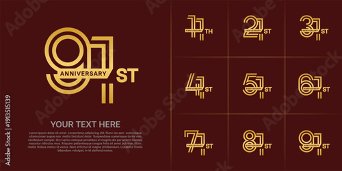 Anniversary logo type set with double line number. gold color with ribbon for celebration event