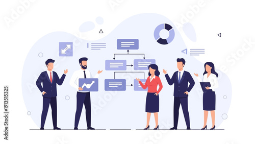 Business Team Discussing Strategy and Workflow with Flowchart