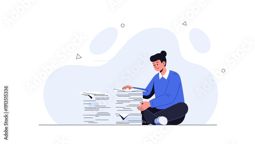 Overwhelmed person with stack of papers, workload concept, illustration