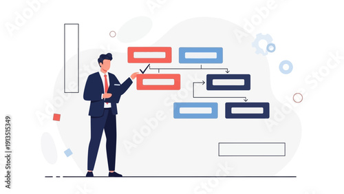 Businessman presenting flowchart, process planning, strategy, business planning