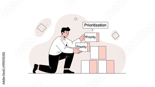 Man Stacking Priority Blocks for Business Prioritization Strategy
