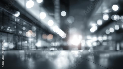 Modern blurred cityscape with glowing lights and reflections on a shiny floor, creating a futuristic urban atmosphere. Abstract bokeh background perfect for technology or business concepts