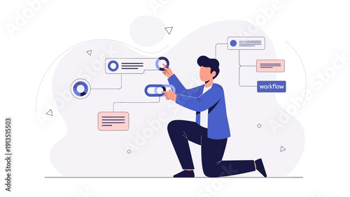 Man configuring workflow diagram, business process optimization, digital strategy