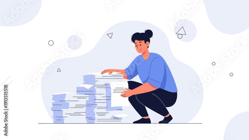 Woman Organizing Piles of Paperwork, Overwhelmed by Office Tasks and Bureaucracy
