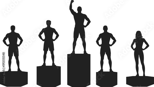 Athlete winners podium silhouette set showing male and female fitness champions standing confidently, victory and achievement concept, sports competition, black vector 