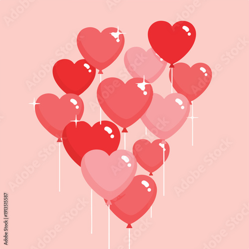 A collection of heart-shaped balloons floating up in shades of red