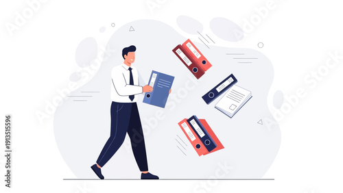 Businessman juggling office binders, symbolizing chaos and overload