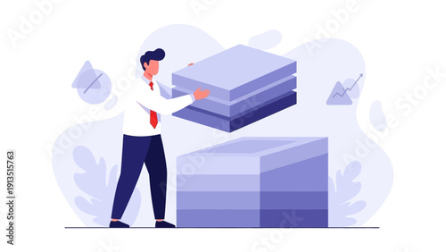 Businessman stacking layers, data organization, business strategy, flat illustration