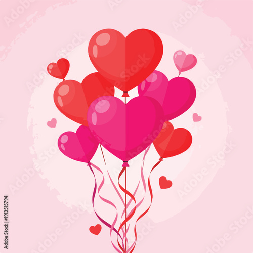 A collection of heart-shaped balloons floating with decorative ribbons on pink