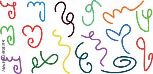 Colorful squiggles and hearts on white background