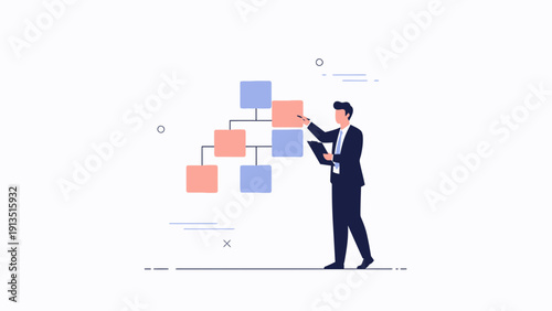 Businessman interacting with a digital flowchart on white background