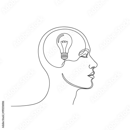 A minimalist line drawing of a human head with a lightbulb inside