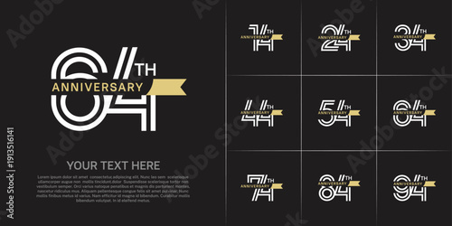 Anniversary logo type set with double line number. white color with small golden ribbon for celebration event