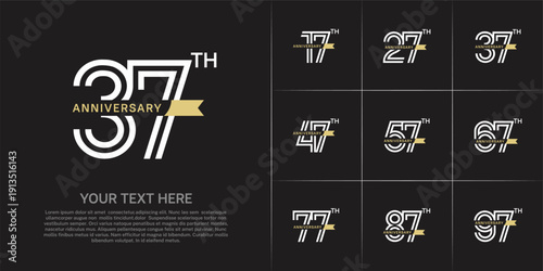Anniversary logo type set with double line number. white color with small golden ribbon for celebration event