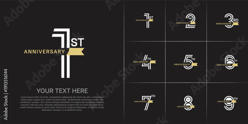 Anniversary logo type set with double line number. white color with small golden ribbon for celebration event