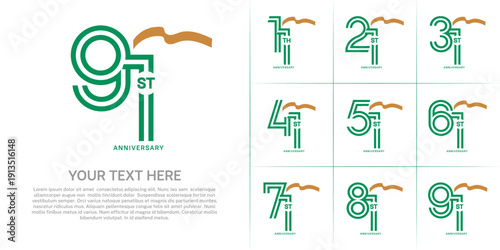 Anniversary logo type set with double line number. green color with brown long ribbon for celebration event