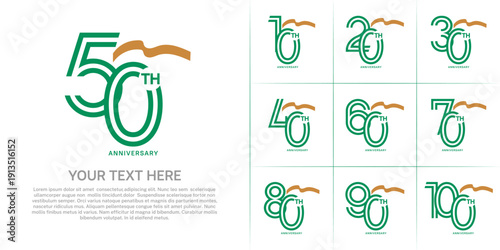 Anniversary logo type set with double line number. green color with brown long ribbon for celebration event