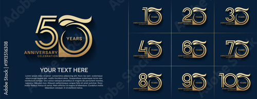 Anniversary logo type set with double line number. gold color for celebration event