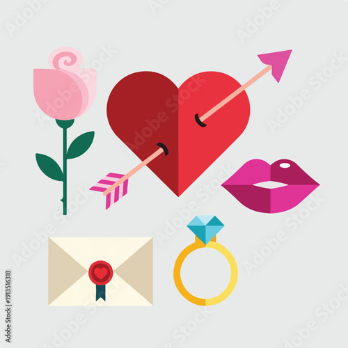 A collection of illustrations with a theme of love and romance, and flowers