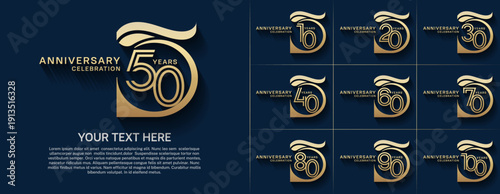 Anniversary logo type set with double line number. gold color for celebration event