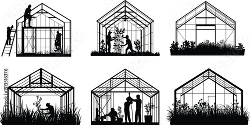 Greenhouse gardening silhouette set showing people building structures, planting and caring for plants, sustainable agriculture and urban farming concept, black vector 