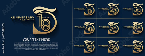Anniversary logo type set with double line number. gold color for celebration event