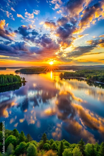 Wallpaper Mural Beautiful Sunrise Sunset over Calm Lake. Aerial view of lake Torontodigital.ca