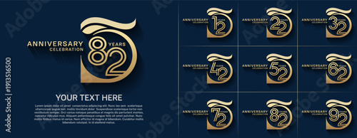 Anniversary logo type set with double line number. gold color for celebration event
