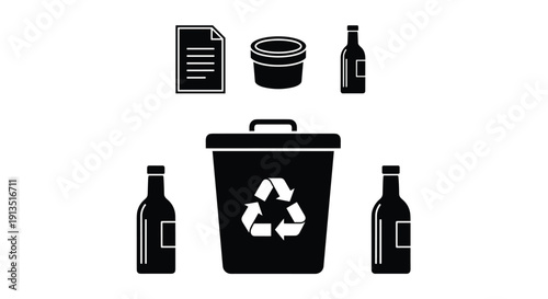A black and white illustration of a recycling bin with various recyclable materials
