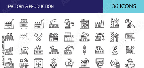 Factory and Production Line Icons Set with Industrial Buildings, Machinery, and Tools in Black Line Style