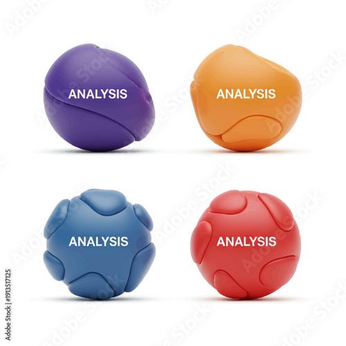 Four Colorful Stress Balls with the Word Analysis Printed.