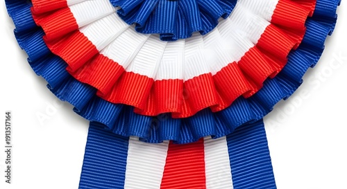 Patriotic rosette with red, white, and blue ruffled ribbons, a circular fabric decoration for national pride