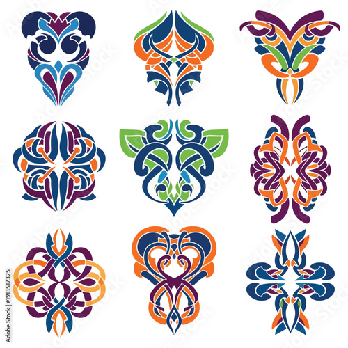 A collection of nine colorful, symmetrical ornamental design elements