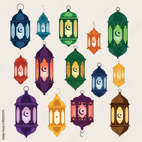 A collection of pixelated lanterns with crescent moons and stars, various colors