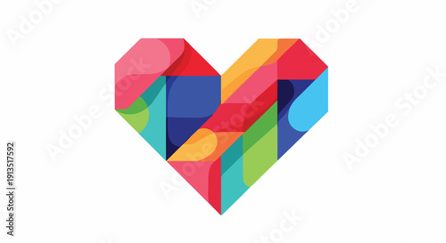 A colorful, geometric heart shape with overlapping, rectangular forms