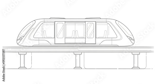 Modern monorail train on elevated tracks sketch.