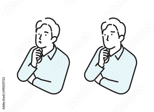シンプル　イラスト　考えるポーズのビジネスパーソンの男性セットイラスト　ビジネスシーン