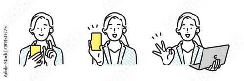 シンプル　イラスト　スマホ操作やOKサインをするビジネスパーソンの女性のイラスト　ビジネスシーン