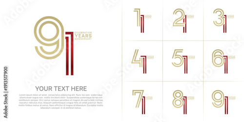 Anniversary set design with double line number. red and gold color for celebration event