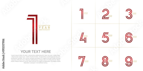 Anniversary set design with double line number. red and gold color for celebration event