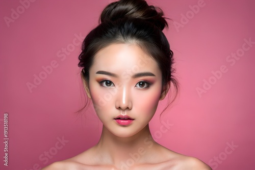 Young Asian beauty woman pulled back hair with korean makeup style on face and perfect skin on isolated pink background. Facial treatment, Cosmetology, plastic surgery.