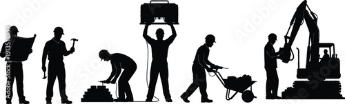 Construction workers silhouette set featuring builders with blueprints, engineers using jackhammers, workers with wheelbarrows, and excavator operators for industrial projects