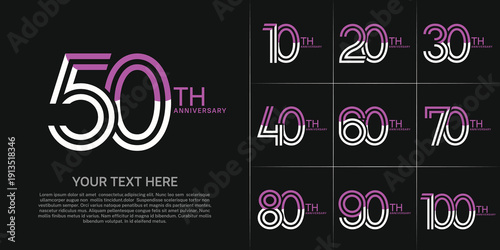 Anniversary set design with double line number. purple and white color for celebration event