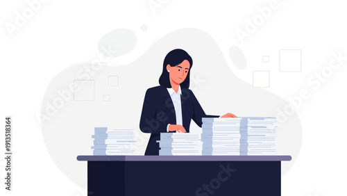 Overwhelmed businesswoman working with stacks of documents on desk, stress, workload
