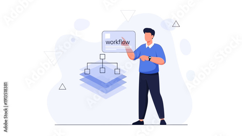 Man presenting workflow diagram with layered elements and abstract shapes