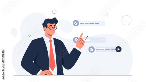 Businessman checking checklist, planning, task management, strategy, successful business concept