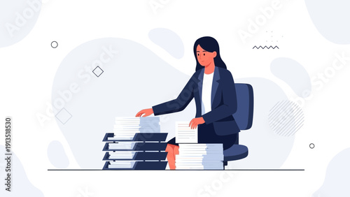 Businesswoman working with large pile of documents at office desk