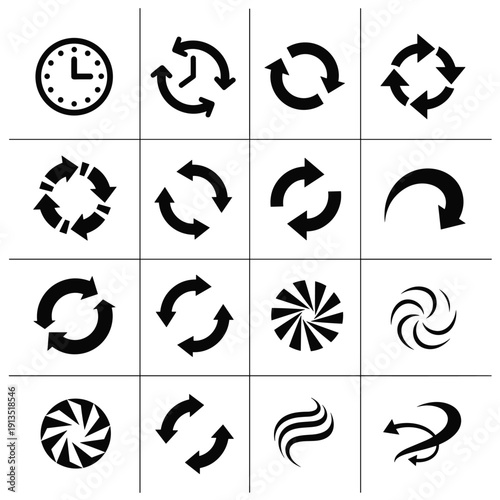 A collection of black and white circular arrow icons on a grid
