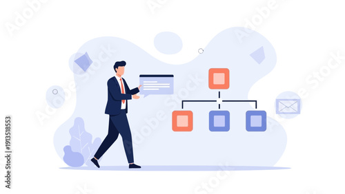 Businessman holding flowchart for business organization and strategy planning
