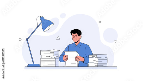 Man Working With Paperwork At Desk, Office Work, Bureaucracy, Flat Design